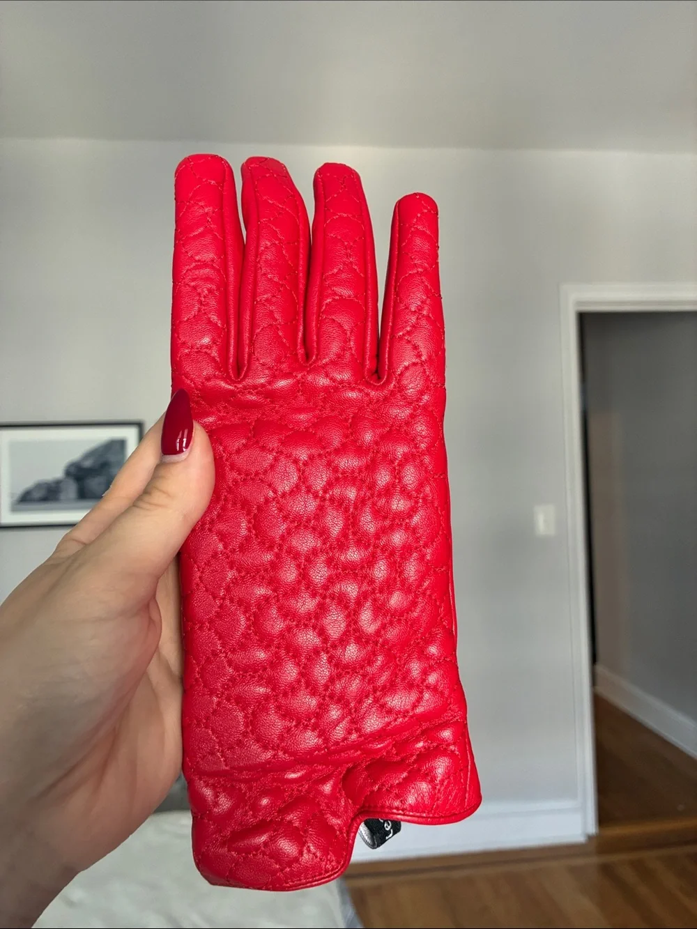 Red Quilted Leather Gloves for Women